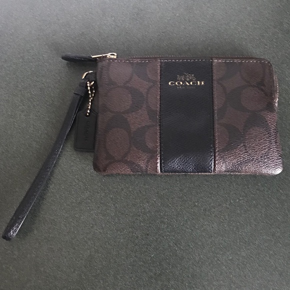 Coach Corner Zip Wristlet in Signature Coated Canvas Leather Stripe Brown/Black - Picture 1 of 16